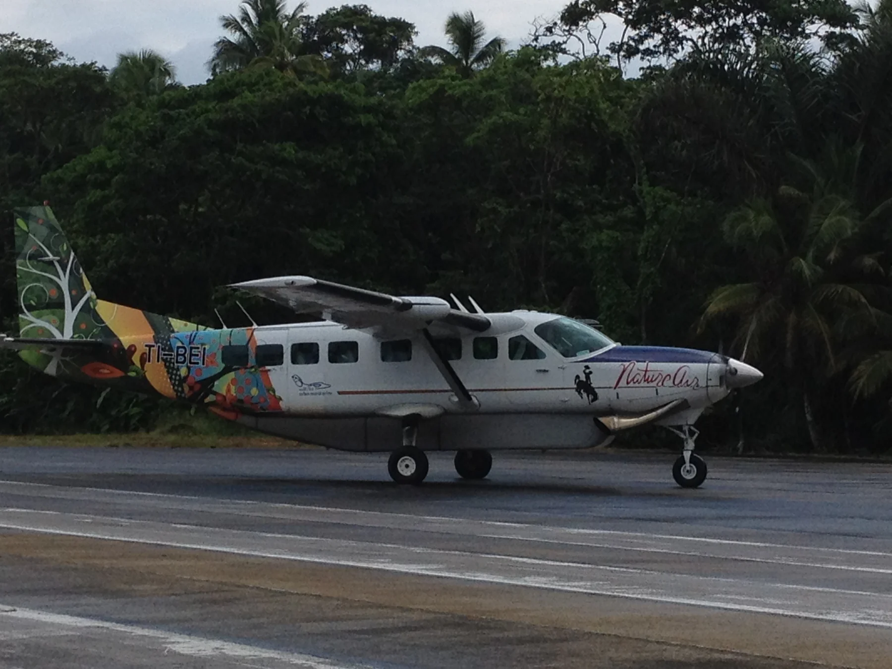 Cessna 208 Grand Caravan estacionado em pista tropical, com mata densa ao fundo — o tipo de aeronave usada nos voos curtos de Salvador a Morro de São Paulo
