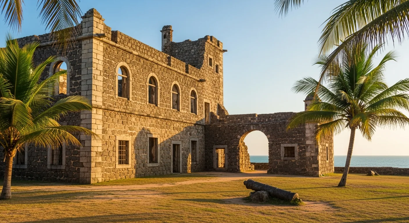 Ruínas do Castelo Garcia D'Ávila com vegetação tropical e céu aberto, Praia do Forte, Bahia